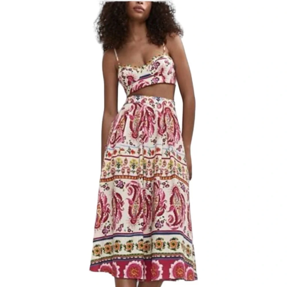 Caroline Constas-NWT Multicolored Paisley Print Matching Crop Tank and Skirt Set
